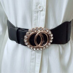 Black PU leather elastic waistband belt with gold tone buckle